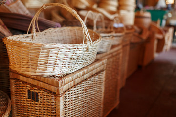 Handmade wicker furniture, products and souvenirs at the street craft market.