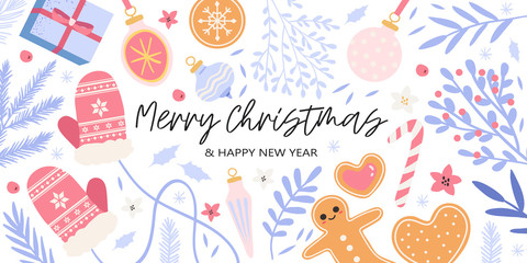 Creative Christmas and new year set or collection or banner with floral elements, homemade cookies and gifts and other decor. Vector illustration of cute christmas decorations in trendy bright colors.