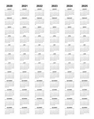 Simple editable vector calendars for year 2020 2021 2022 2023 2024 2025 mondays first