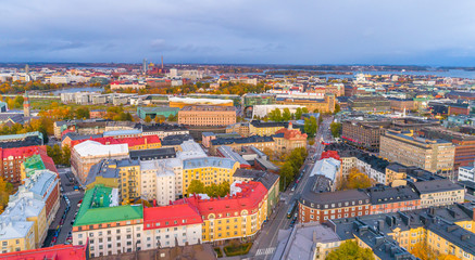 Aerial view of Helsinki city. Sky and colorful buildings.	