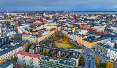 Fototapeta na wymiar Aerial view of Helsinki city. Sky and colorful buildings. 