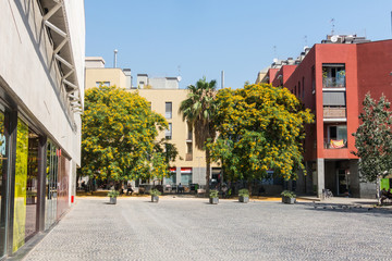 Fototapeta premium Facade of Filmoteca of Catalonia, film archive, cinemas, exhibition rooms and library in El Raval quarter of Barcelona. Salvador Segui square. Spain