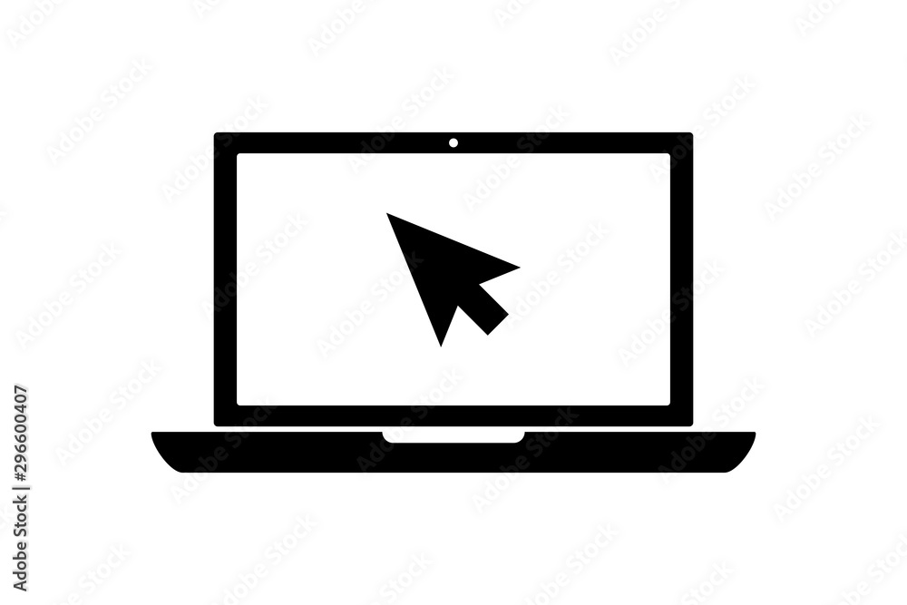 Poster flat black laptop icon with cursor or pointer ioslated on white. concept of using screen mobile comp