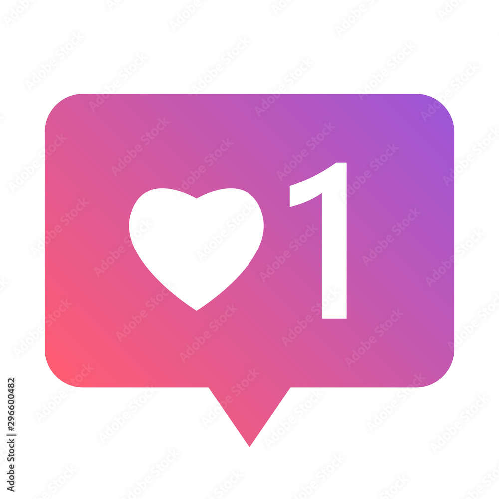 Poster popup notification in social mobile media bubble icon with heart and number one for new like. concep