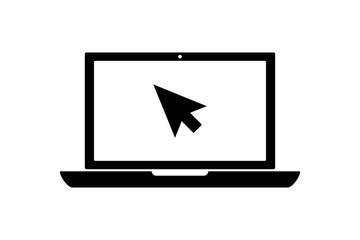flat black laptop icon with cursor or pointer  ioslated on white. Concept of using screen mobile computer or search click mouse for website. Vector illustration
