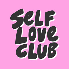 Self love club. Green eco bio sticker for social media content. Vector hand drawn illustration design. 