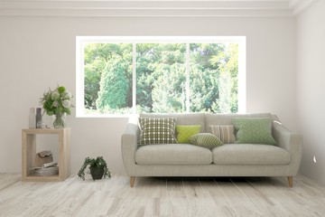 Stylish room in white color with sofa and summer landscape in window. Scandinavian interior design. 3D illustration