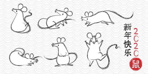 Set of hand drawn rats, mouse in different poses on white background. Vector illustration, cartoon doodle style.