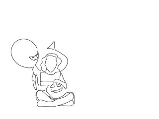 Witch holding a pumpkin isolated line drawing, vector illustration design. Halloween collection.