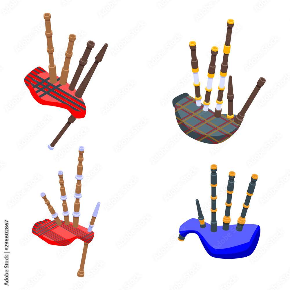 Poster bagpipes icons set. isometric set of bagpipes vector icons for web design isolated on white backgrou
