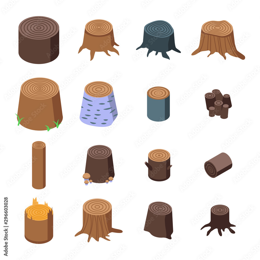 Poster stumps tree icons set. isometric set of stumps tree vector icons for web design isolated on white ba