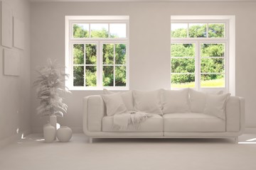 Mock up of stylish room in white color with sofa. Scandinavian interior design. 3D illustration