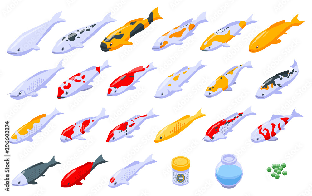 Poster koi carp icons set. isometric set of koi carp vector icons for web design isolated on white backgrou