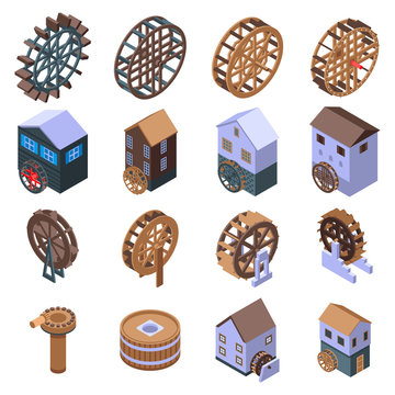 Water mill icons set. Isometric set of water mill vector icons for web design isolated on white background