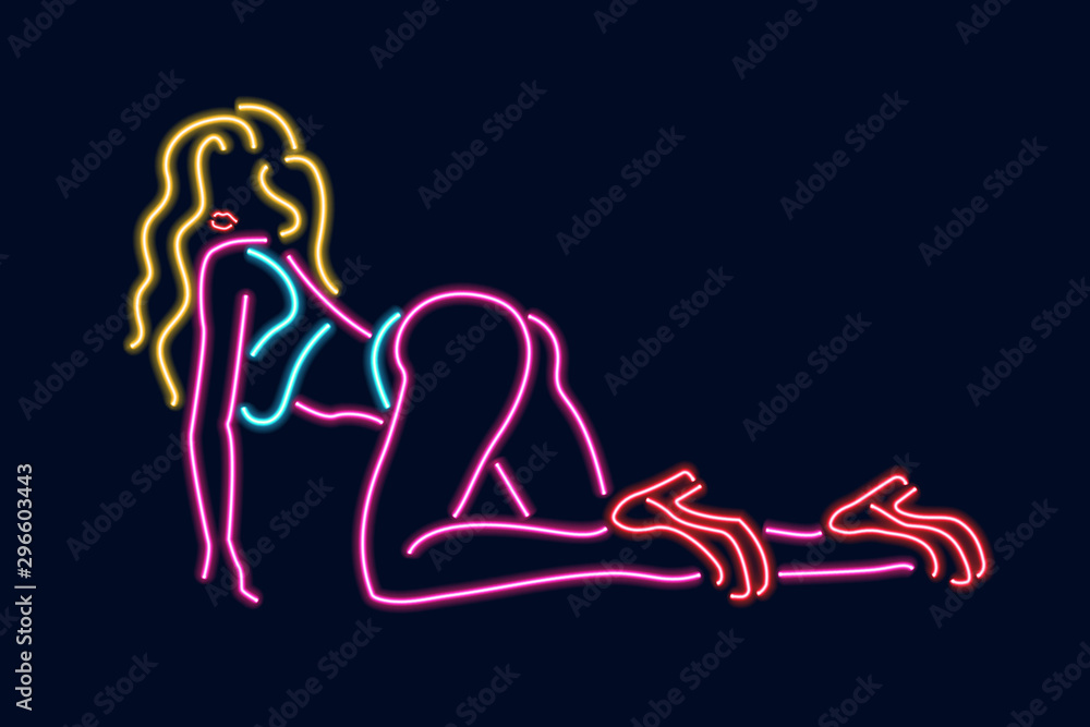 Wall mural neon silhouette of girl. vector illustration isolated on dark background