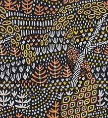 Vector floral seamless pattern with abstract doodle plants, flowers, trees, and grass. Nature background for textile, fabric, surface or wrapping.