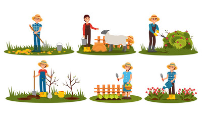 People Characters Working On The Farm Vector Illustrations Collection