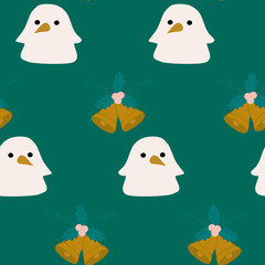 Cute kawaii snowman and jingle bells in a winter seamless pattern