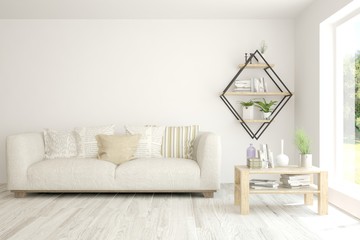 Stylish room in white color with sofa. Scandinavian interior design. 3D illustration