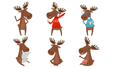 Adorable Deer Cartoon Character Engaged In Different Activities Vector Set