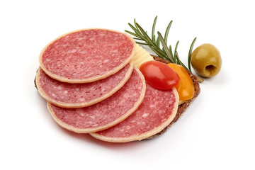 Smoked salami sandwich with herbs and spices, isolated on white background