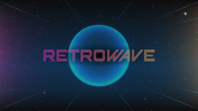 Retrowave background. Synthwave 80 s style dark banner. Blue lines with glowing sphere and word Retrowave. Starry sky. 3d digital geometric template. Stock vector illustration