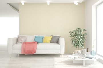 Stylish room in white color with sofa. Scandinavian interior design. 3D illustration