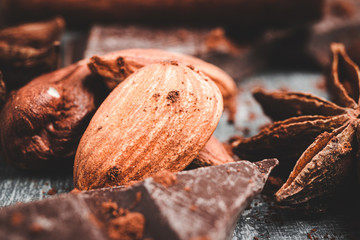 Almond, hazelnut, chocolate cubes and star anise close-up view, selective focus
