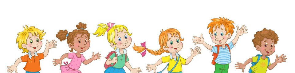 Cheerful children of different nationalities run after each other. In cartoon style. Isolated on white background. Horizontal banner. Vector illustration.