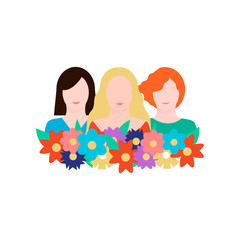 Women with flowers. Woman friendship. Women power vector illustration.