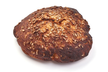 Traditional round rye bread, isolated on white background