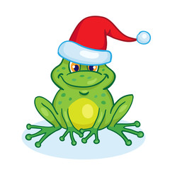 Obraz premium Little funny green frog in a santa red hat. Isolated on a white background. In cartoon style. Vector illustration.