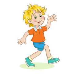 Little funny boy runs waving hands.  In cartoon style. Isolated on white background.