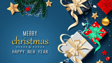 Merry Christmas and happy new year with Creative Christmas tree, fir branches, pine cones, gift boxes, holly, and string lights. Christmas greeting card vector design.