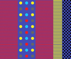 Multicolored Vertical Patchwork pattern design with polka dots and chevron. Seamless pattern for textile/fabric print