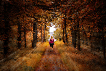 Woman walking on a straight path in a colorful autumn forest © DZiegler