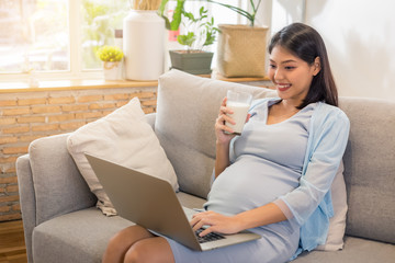 Fototapeta premium Young beauty happy Asian pregnant woman holding glass of milk using computer.