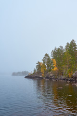 Fototapeta na wymiar Coast of foggy lake in autumn with colorful trees and reflection on water. Copy space.