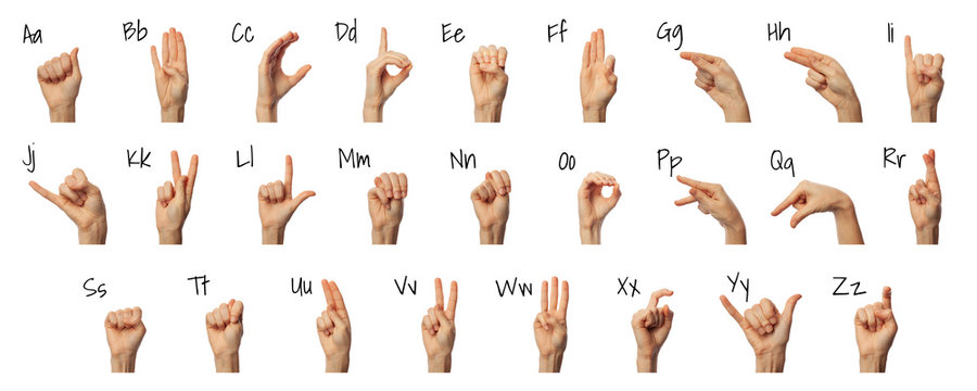 Woman showing ASL alphabet on white background. Sign language concept