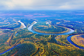 Colorful autumn landscape. Aerial photography of landscape in Western Siberia. Agan River, tributary of Ob River. - obrazy, fototapety, plakaty