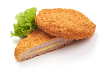 Fried chicken Cordon bleu with cheese in breadcrumbs, isolated on white background