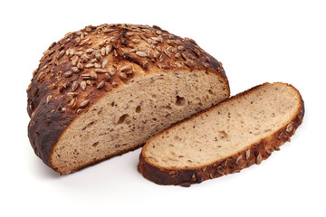 Traditional round rye bread, isolated on white background