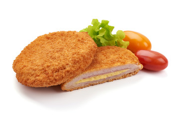 Fried chicken Cordon bleu with cheese in breadcrumbs, isolated on white background