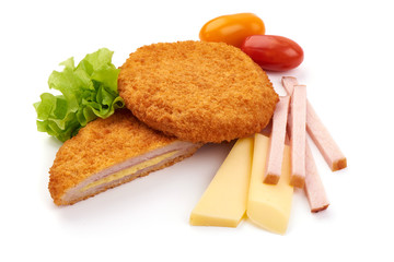 Fried Chicken schnitzel cordon bleu with cheese in breadcrumbs, restaurant food, isolated on white...