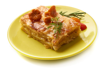 Baked potato casserole, restaurant food, isolated on white background