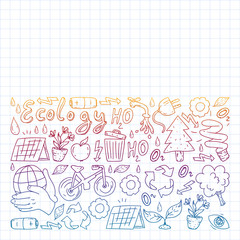 Vector pattern with kindergarten, toy children. Happy children illustration. Gradient drawing on a notebook in a Squared notebook.