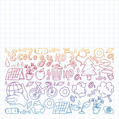 Fototapeta premium Vector pattern with kindergarten, toy children. Happy children illustration. Gradient drawing on a notebook in a Squared notebook.