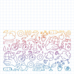 Vector pattern with kindergarten, toy children. Happy children illustration. Gradient drawing on a notebook in a Squared notebook.