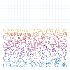 Vector pattern with kindergarten, toy children. Happy children illustration. Gradient drawing on a notebook in a Squared notebook.