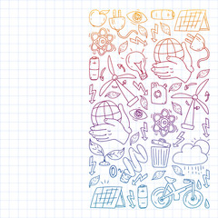 Fototapeta premium Vector pattern with kindergarten, toy children. Happy children illustration. Gradient drawing on a notebook in a Squared notebook.